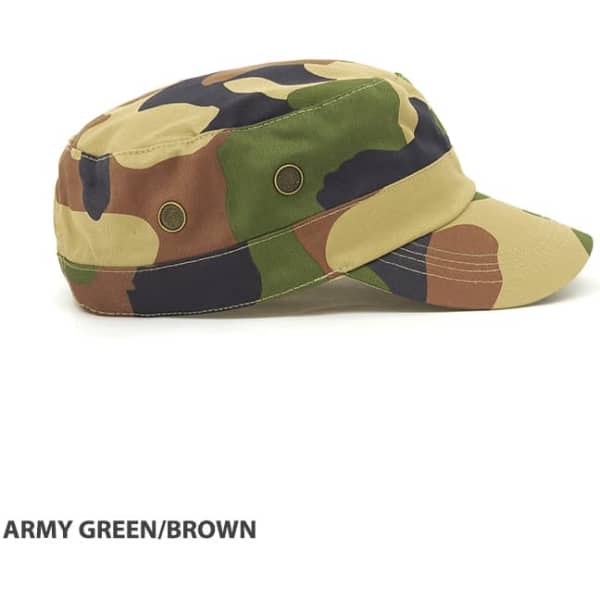 A camo military design cap in army green and brown, featuring a rounded top and a stiff brim. It includes a logo.