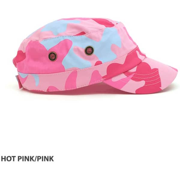 A hot pink and light blue camo military design cap with buttons, featuring a rounded crown and stiff brim.