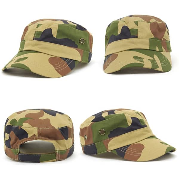 A camo military design cap featuring a blend of greens, browns, and beiges, with a logo on the side.
