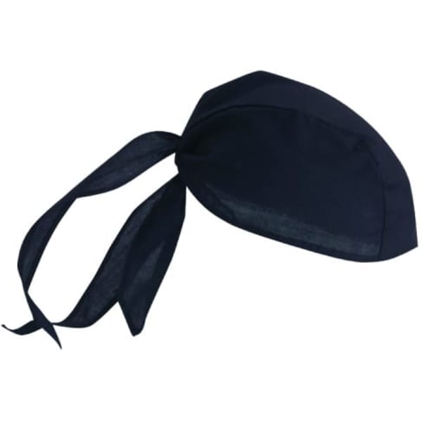 A black three-panel bandanna with ties for secure wear, featuring a simple design and soft fabric.