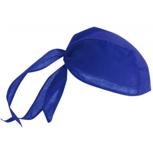 A blue three-panel bandanna with ties, designed for headwear use. It features a logo.