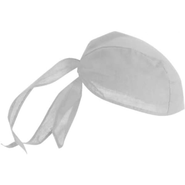 A white three-panel bandanna with ties, designed for headwear. It has a simple, clean design and includes a logo.