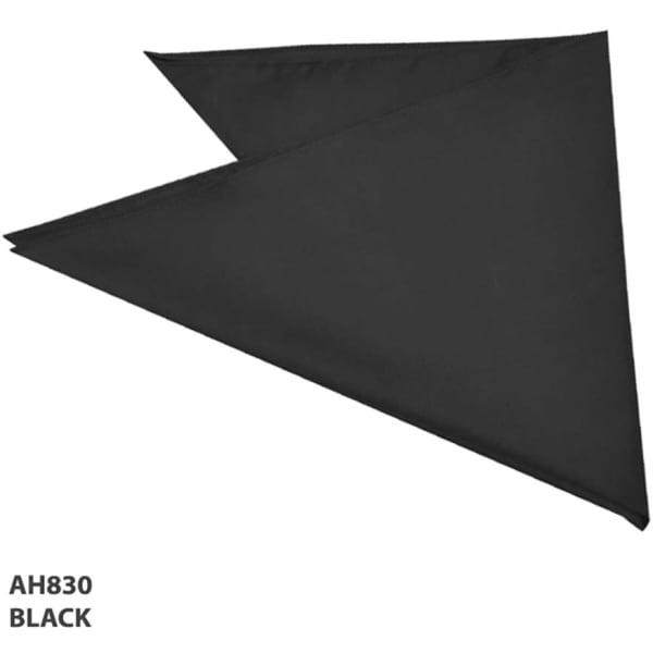 A black bandanna with a triangular shape, featuring a logo.