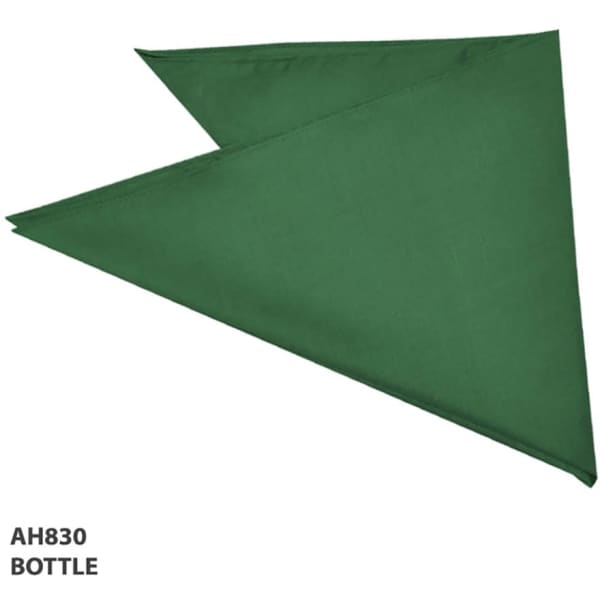 A green bandanna with a triangular shape, featuring a logo or branding on it.