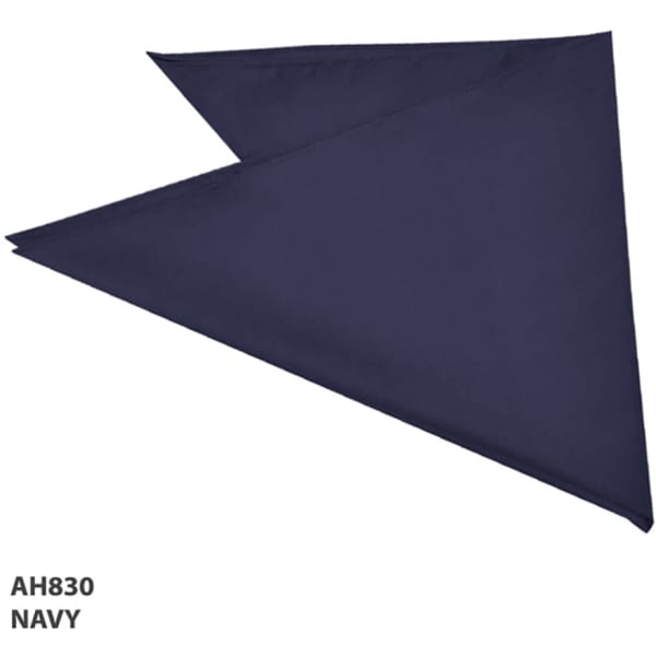 A navy bandanna with a triangular shape, featuring a simple design and a logo.