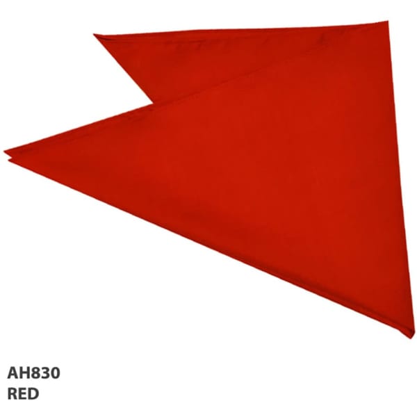 A red bandanna featuring a triangular shape and a logo.