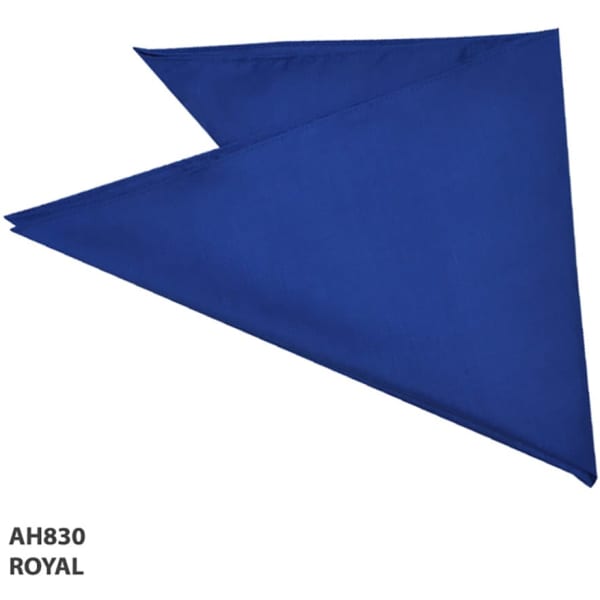 A royal blue bandanna with a triangular shape, featuring a logo on the fabric.