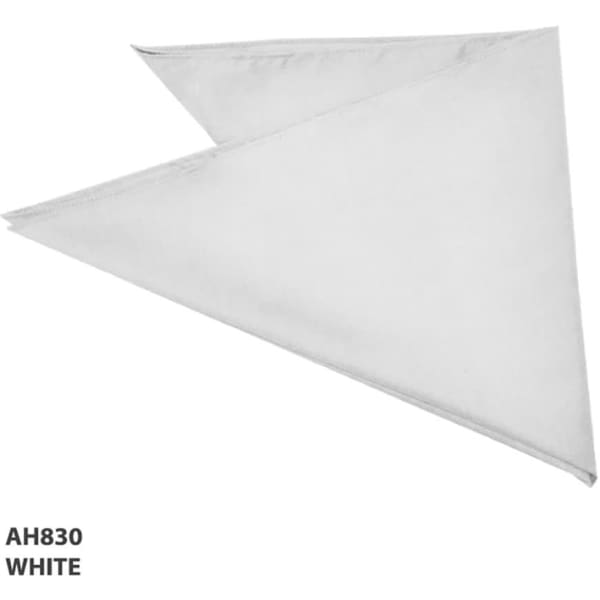 A white bandanna with a triangular shape and a branded logo on it.