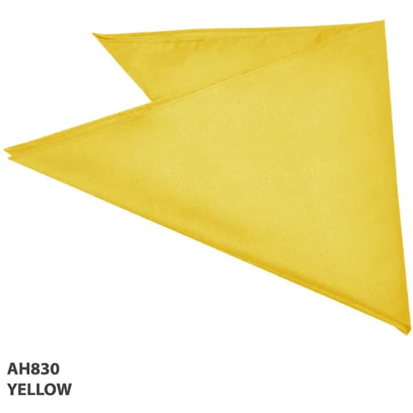 A yellow bandanna with a triangular shape, featuring a logo.