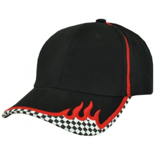 A black cap with red detailing and a checkered pattern on the brim, featuring a flame design.