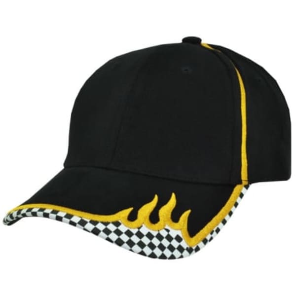 A black cap with yellow accents and a checkered pattern on the brim, featuring flame designs.