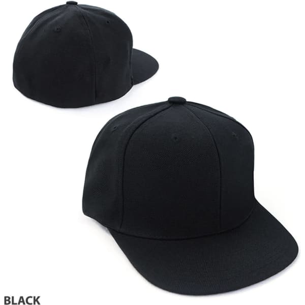 A black cap with a flat brim and a structured design. It features a logo on the front.