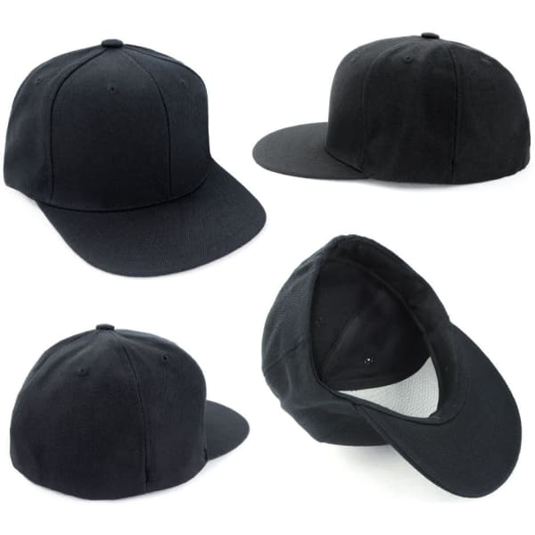 A black cap featuring a structured design and a flat brim, with interior detailing and a logo.