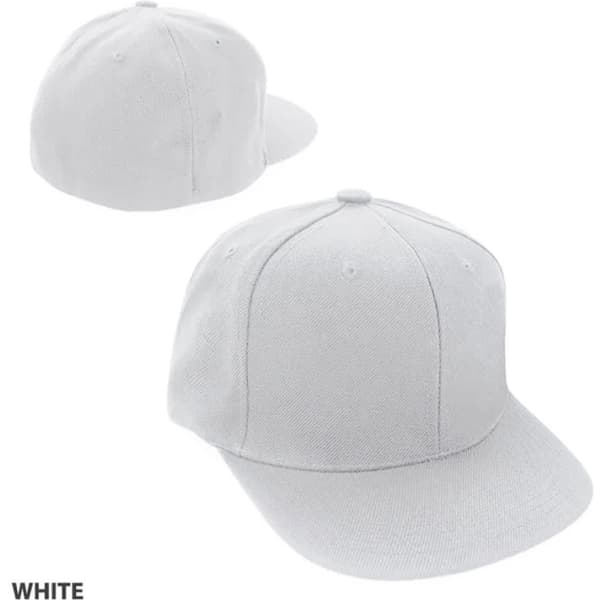 A white cap with a structured design, featuring a logo and visible stitching details.
