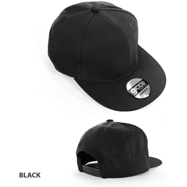 A black cap with a flat brim and an adjustable strap at the back, featuring a logo.