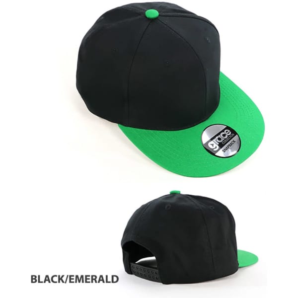 A black cap with an emerald green brim and button, featuring a branding logo.