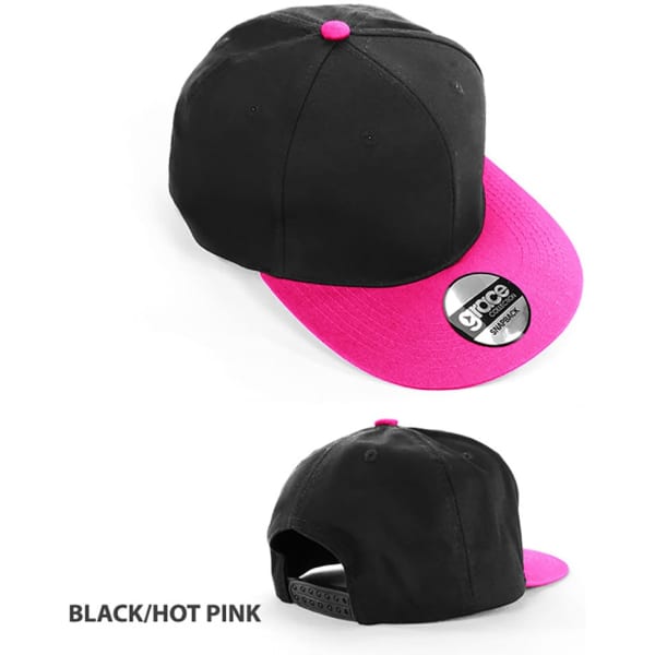 A black cap with a hot pink brim and an adjustable strap, featuring a logo on the front.