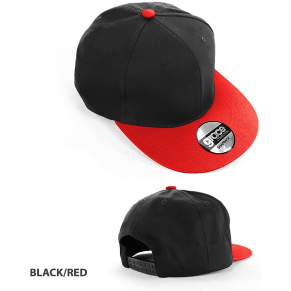 A black cap with a red brim and button, featuring a logo on the side. The cap has a snapback adjustment.