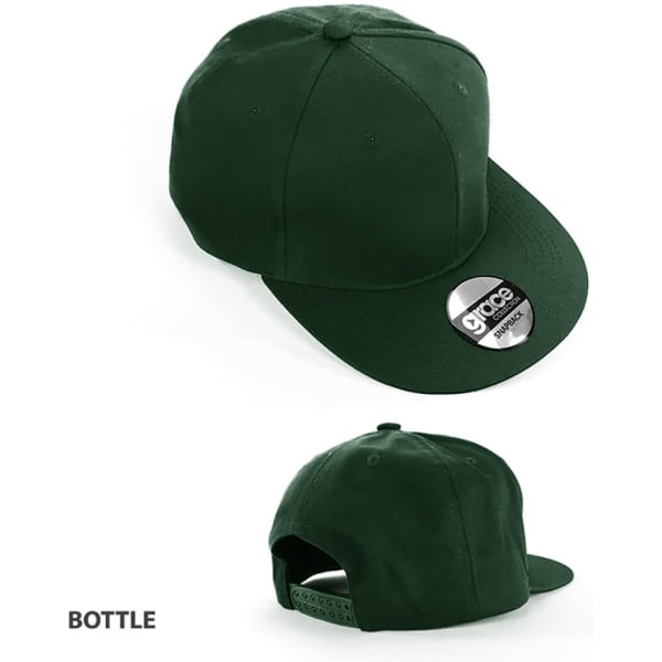 A green cap featuring a flat brim and an adjustable strap at the back, with a logo on the front.