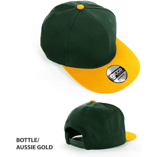 A green cap with a yellow peak and a logo. The cap has a snapback closure.