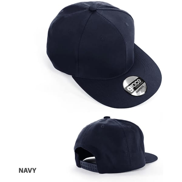 A navy cap with a flat brim and a logo on the front. The back features an adjustable strap.