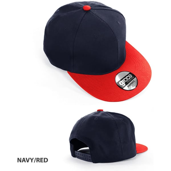 A navy and red cap featuring a flat brim and a logo on the front. The back showcases an adjustable strap.