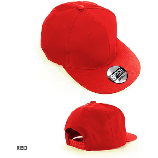 A red cap with a flat brim and an adjustable strap at the back, featuring a logo.