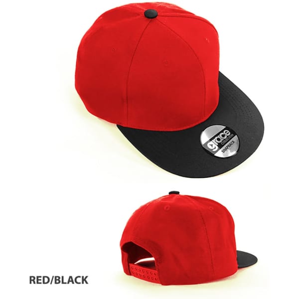 A red and black cap with a flat brim, featuring a logo on the front and an adjustable strap at the back.