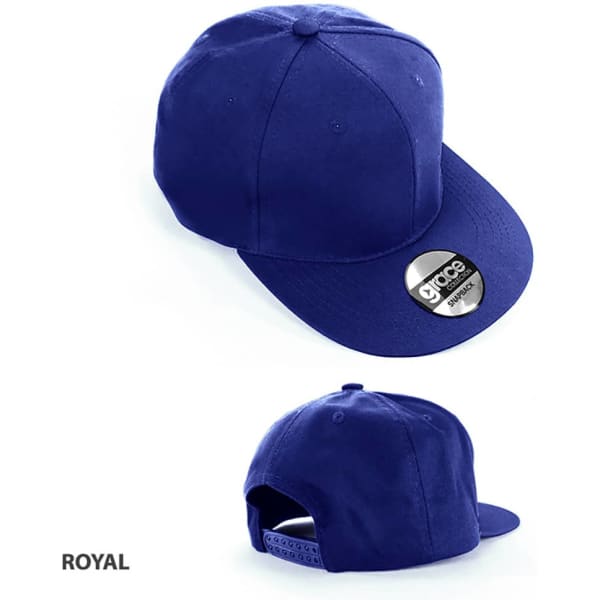 A royal blue cap with a flat brim, featuring a logo on the front and an adjustable strap at the back.