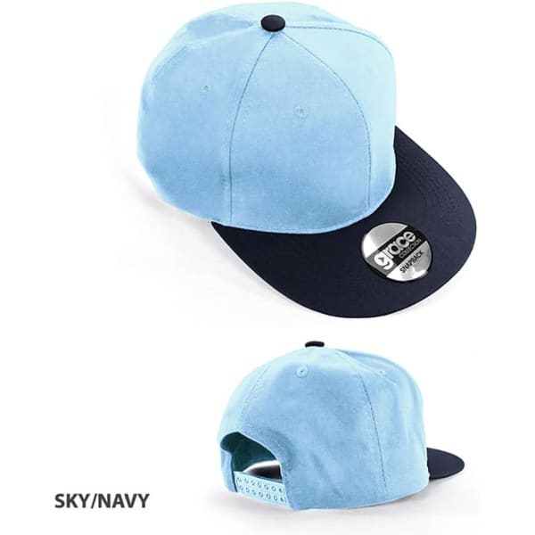 A sky blue and navy cap featuring a logo on the front and a snapback closure at the rear.