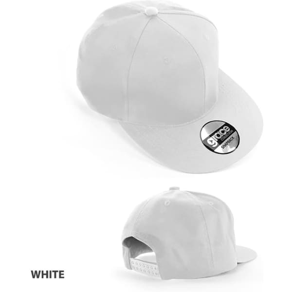 A white cap with a flat brim and an adjustable strap, featuring a logo on the front.