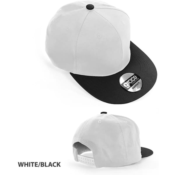 A white and black cap with a flat brim and a logo. Features a snapback closure at the back.