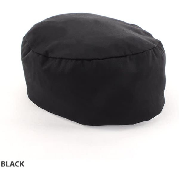 A black polycotton chef's hat with a rounded top and subtle gathering, featuring a logo.