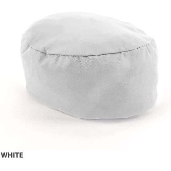 A white polycotton chef's hat, featuring a simple, rounded design. The hat has a seamless appearance.