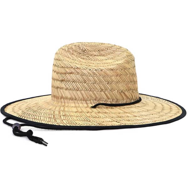 A wide-brimmed straw hat in natural tones, featuring a black trim and adjustable chin strap.