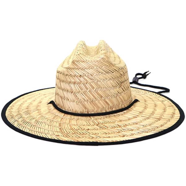 A straw hat with a wide brim, featuring a black band and a chin strap. The hat has a light natural colour.