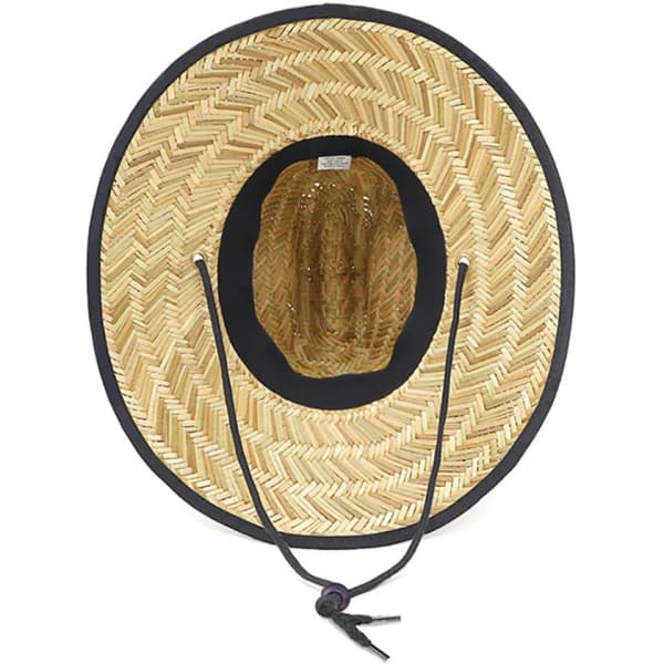 A round straw hat with a woven design and black trim, featuring a drawstring for adjustment.