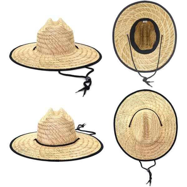 A straw hat with a wide brim and a black trim, featuring a chin strap for secure wear.