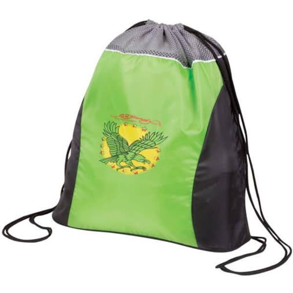 A green and black drawstring bag featuring a logo with an eagle design.