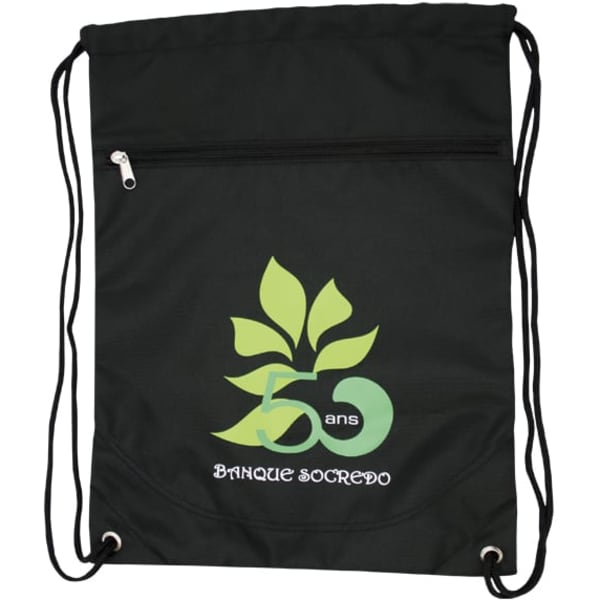 A black drawstring bag featuring a green leaf design and a zippered pocket. It has a logo and text.