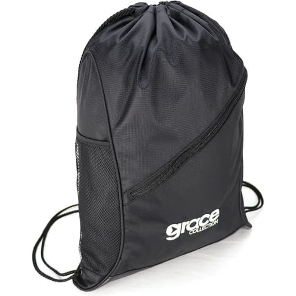 A black drawstring bag featuring mesh detailing and a small logo. It has a cinched top and adjustable straps.