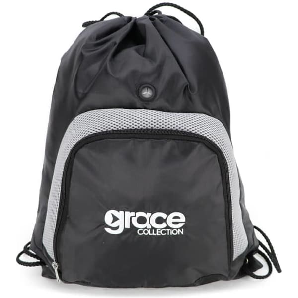 A black drawstring bag with a grey mesh front pocket and a logo. Features adjustable straps for closure.
