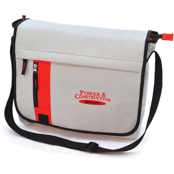 A grey satchel bag with red and black accents, featuring a logo and zippered pockets.