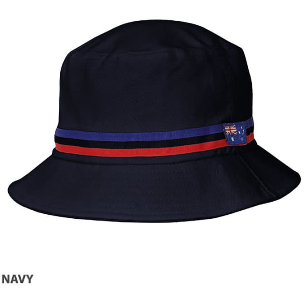 A navy bucket hat featuring a contrasting band and a logo. Suitable for casual outdoor wear.