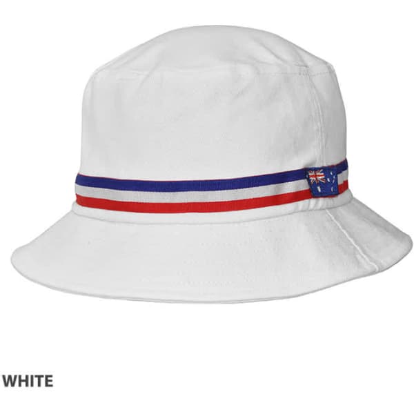 A white bucket hat featuring a contrasting band with red, blue, and a small logo. Suitable for casual wear.