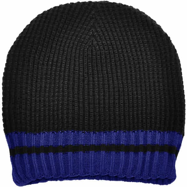 Acrylic knit beanie in black with a blue and black striped band. Features a logo on the side.