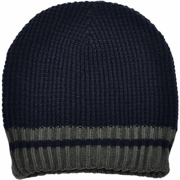 A knitted beanie in navy blue and grey, featuring a striped design and a logo on the cuff.