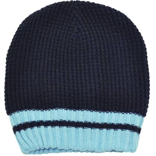Acrylic Knit Beanie in navy with a light blue and dark blue striped cuff. Features a logo on the inside.