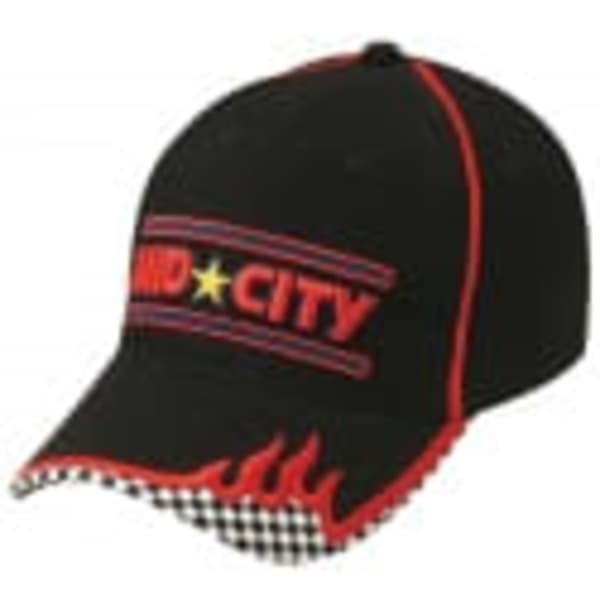 A black cap with red stitching, featuring flame designs and a checkered pattern along the brim. It has a logo.