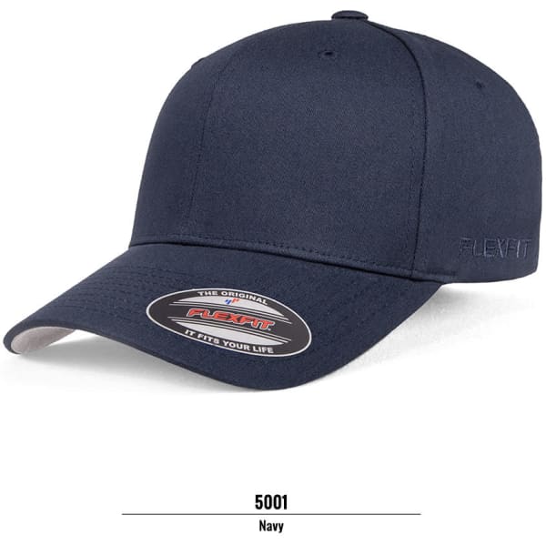 A navy cap with a structured design and a logo, featuring a curved brim and a smooth fabric finish.